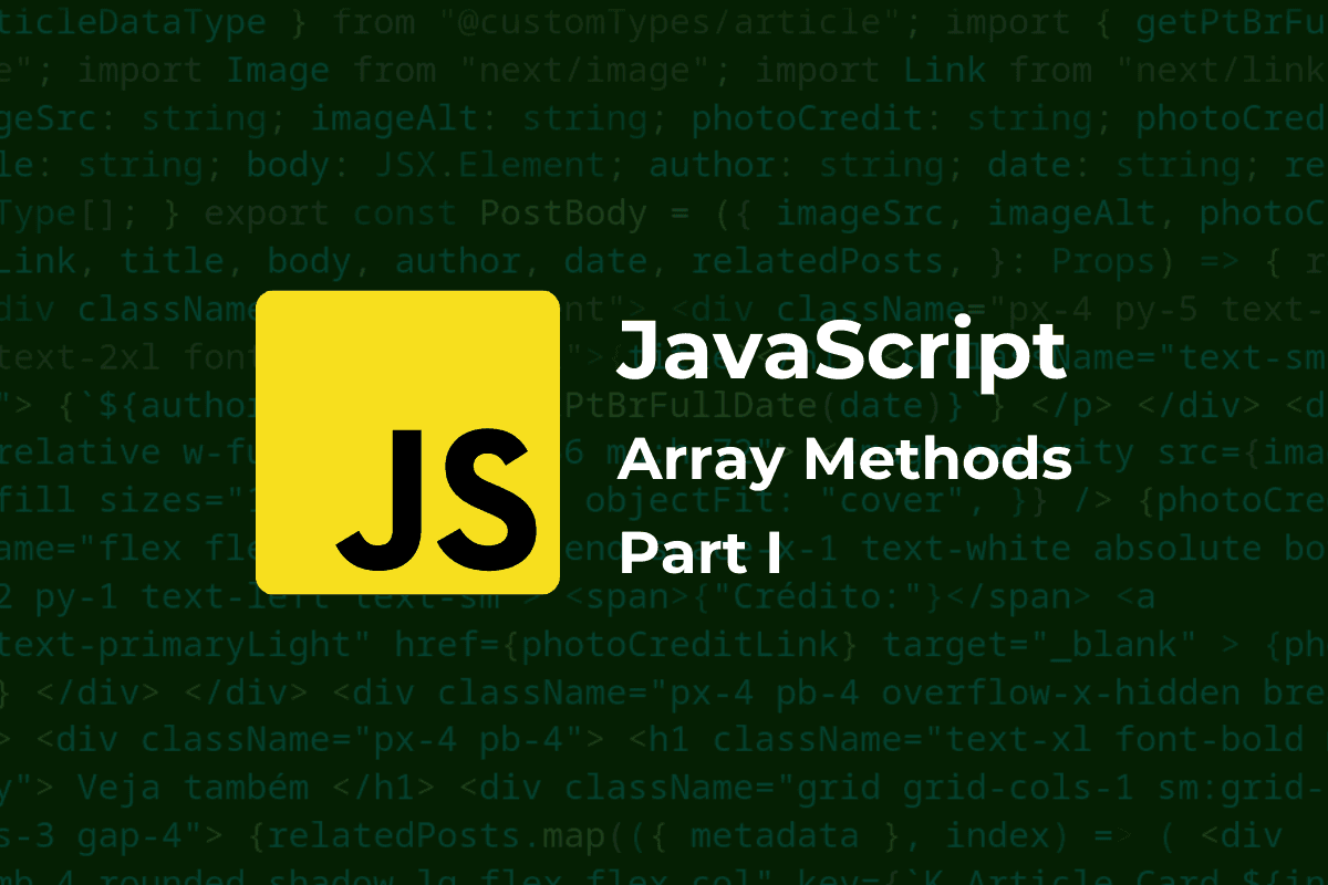 Thumbnail com a logo do JavaScript e o título abreviado do post. No background, um código ofuscado.