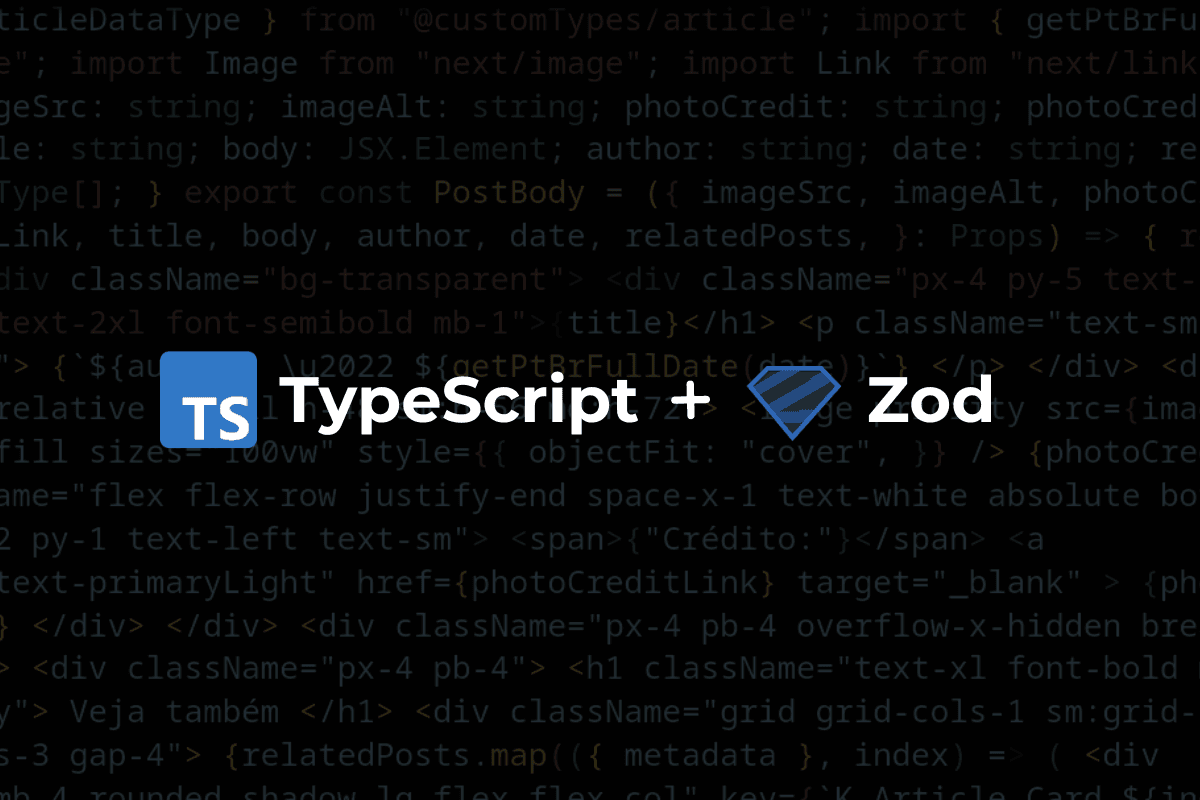 Código ofuscado no fundo. Texto TypeScript + Zod, com as logos das ferramentas.